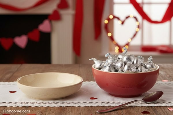 an empty bowl and a bowl full of Hersheys Kisses chocolate