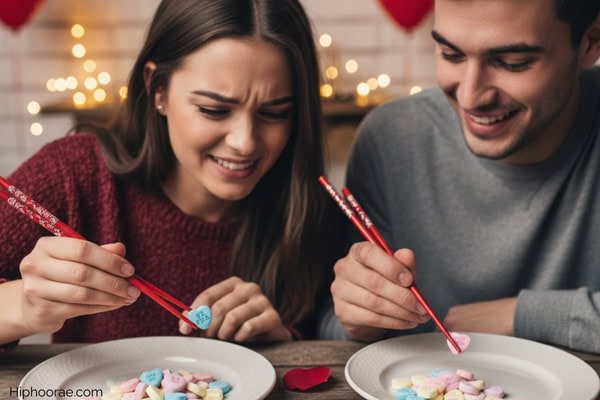 woman and man trying to pick up candy hearts using chopsticks
