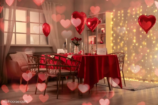 Table setting with flute glasses, candles, red table cloth, surrounded by heart shaped balloons