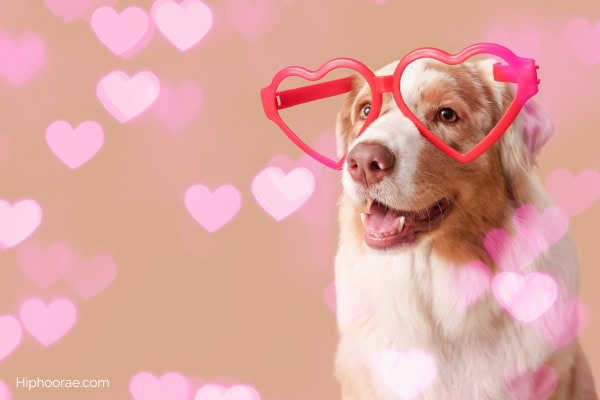 Cute dog wearing red heart shaped glasses 