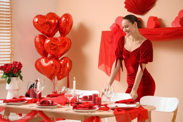 Woman in red preparing for a Valentine party