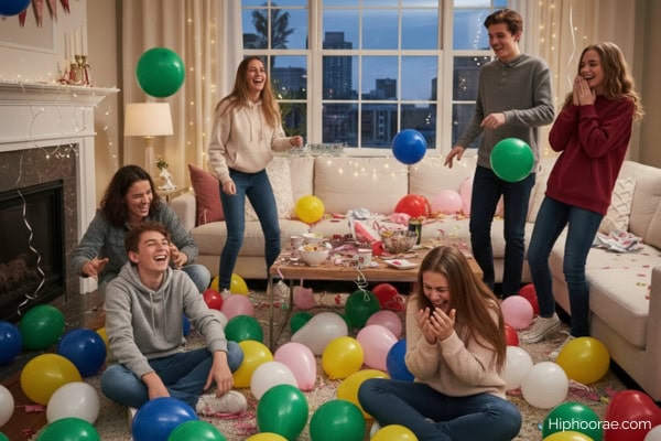 Group of friends playing Balloon Pop game