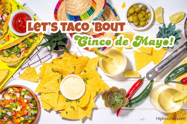 Cinco de Mayo party food of nachos, tacos, salsa, dips