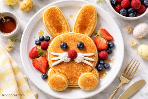 Easter Bunny Pancakes on white plate