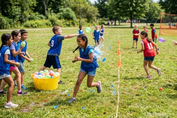 kids playing water balloon dodge game