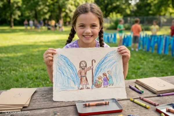 Little girl showing her drawing for Bible Story Pictionary game