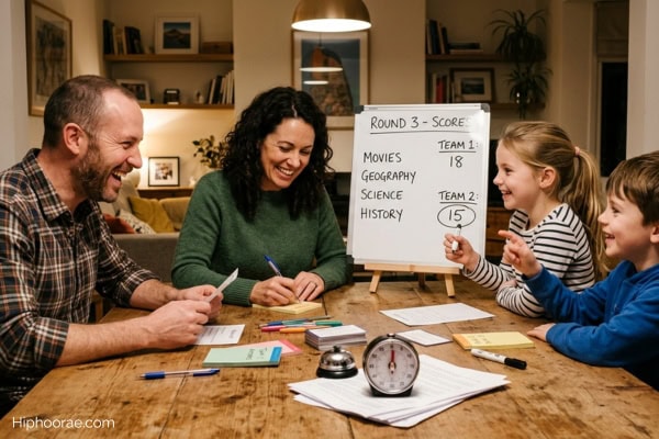family of 4 playing trivia game
