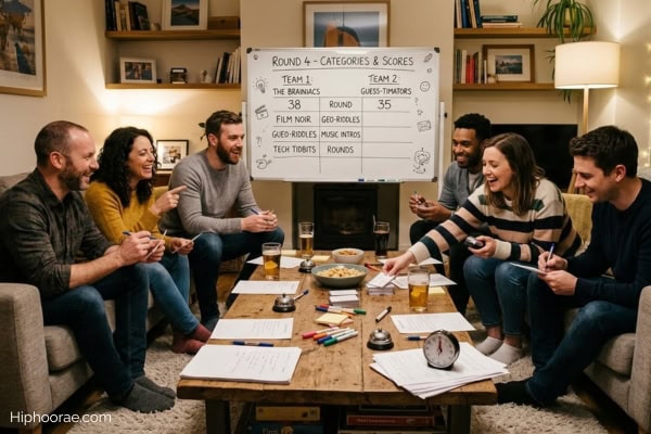 group of friends playing trivia game at home