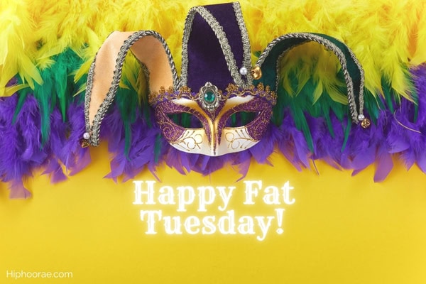 Mardi gras mask and furs with quote overlay