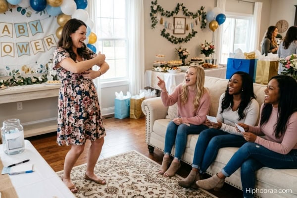 women playing baby shower charades