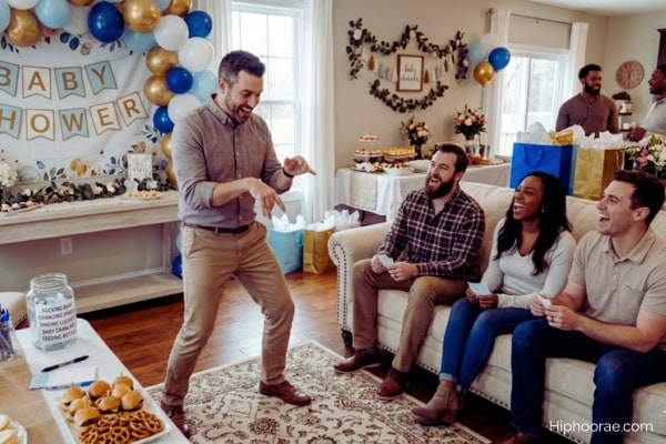 man acting out for baby shower charades