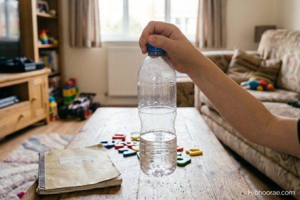 A kid's hand about to flip a water bottle