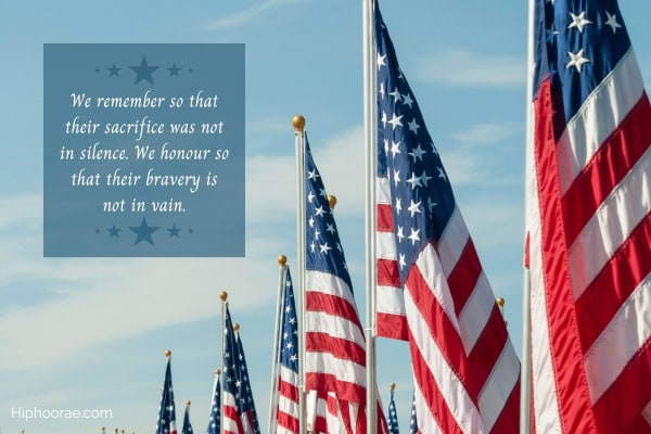 row of American flags on Memorial Day with quote overlay