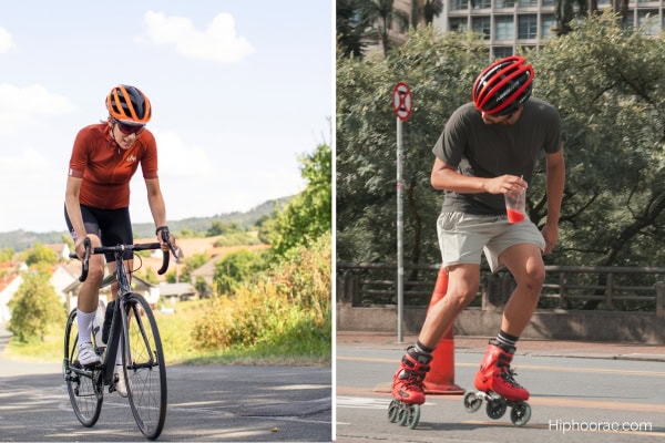 man biking (left), man rollerblading (right)