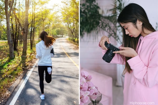 woman jogging (left), woman taking a photo of flowers (right)