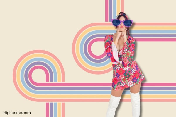 woman dressed in 70s fashion with retro geometric background