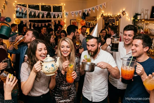 Various people having fun in an 'Anything But a Cup Party'