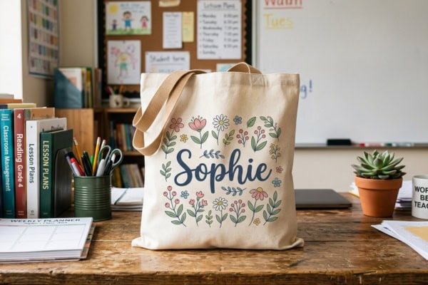 personalized tote bag on a teacher's desk