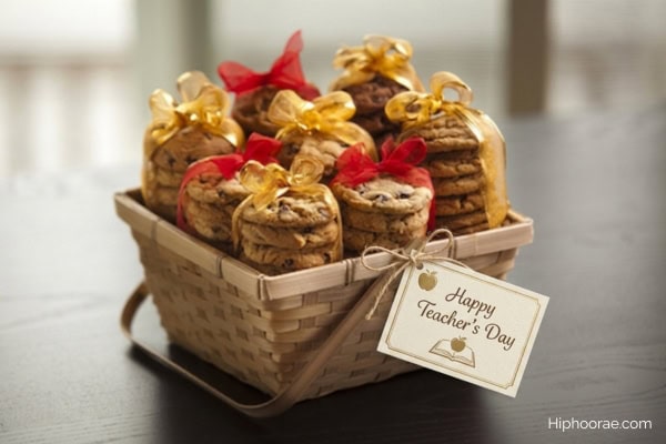 basket of cookies gift with 'happy teacher's day' tag