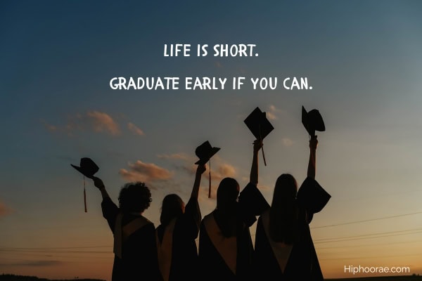 silhouette of graduates raising their hats, with quote overlay