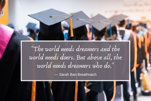 graduation ceremony with quote overlay