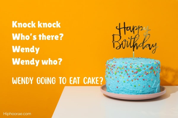 birthday cake on orange background with joke overlay