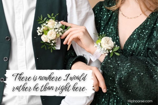 couple wearing corsages for prom with quote overlay