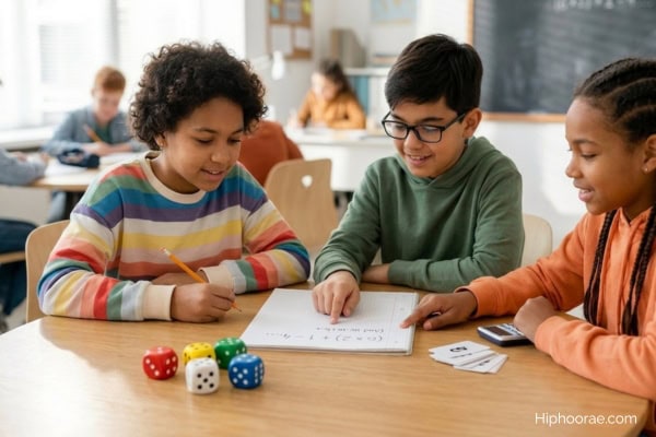 children playing a math dice game in classroom