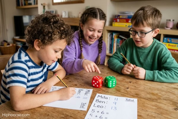 kids playing a math dice game