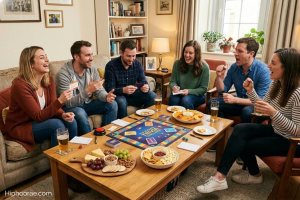 group of adult friends playing a trivia game board
