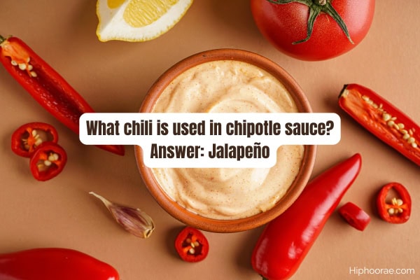 bowl of chipotle sauce with sliced jalapenos scattered around, with trivia overlay