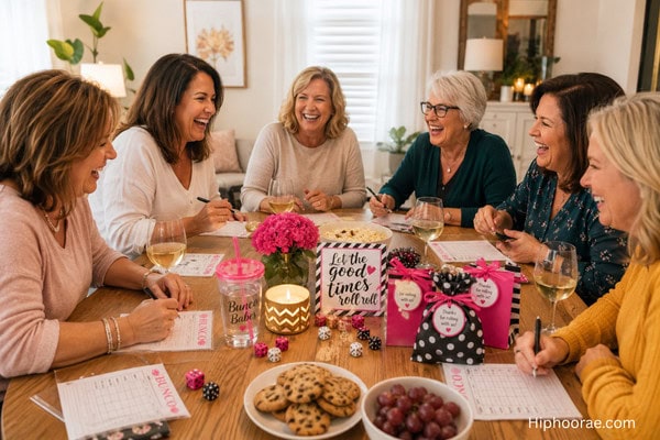 Ladies themed bunco night sitting around a table