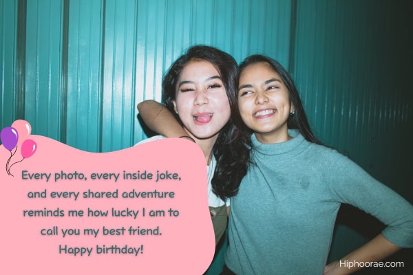 girls posing for camera, with birthday wish on pink blob overlay