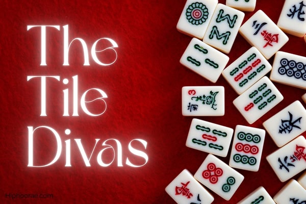 mahjong tiles on red surface with party name overlay