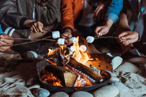 group of friends roasting marshmallows over bonfire