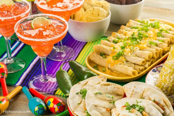fiesta themed party food of mocktails and Mexican food