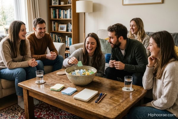 group of friends playing the bowl game at home