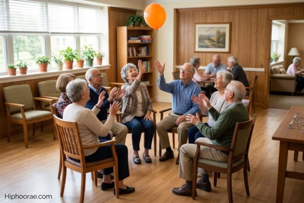 senior citizens seated in a circle playing a balloon game